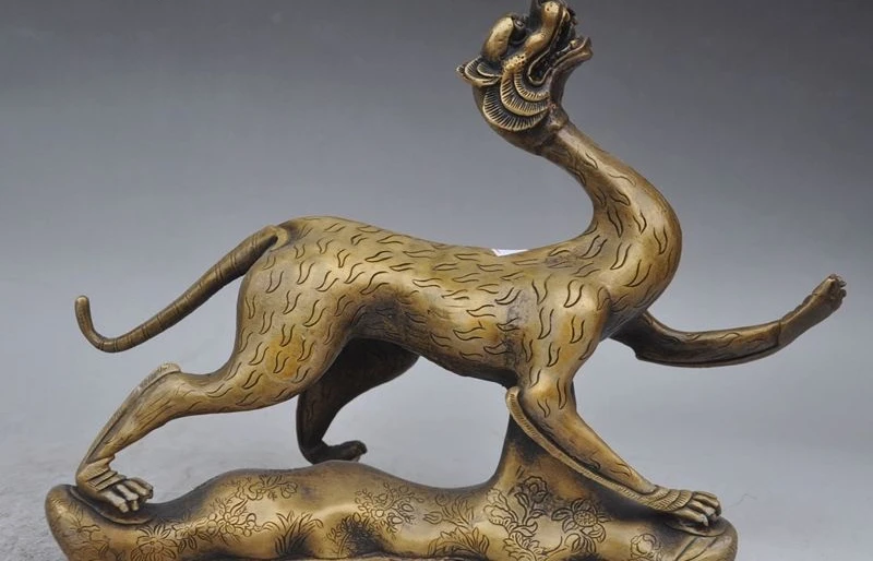 

11"marked china chinese folk fengshui bronze flower Leopard Panther beast statue