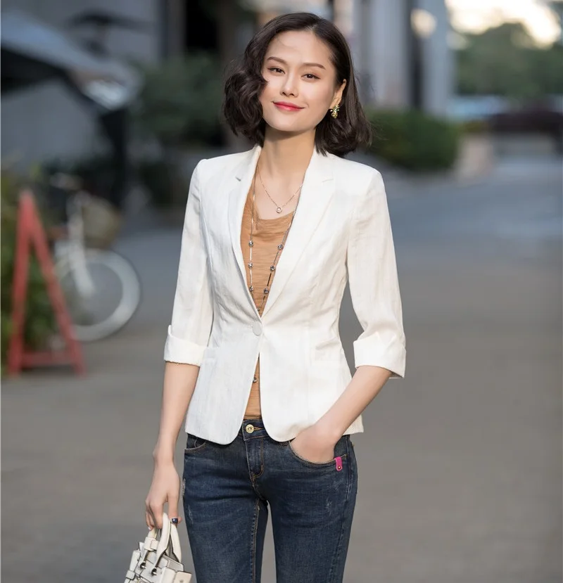 Spring Summer Casual Ladies White Blazers Women Half Sleeve Jackets