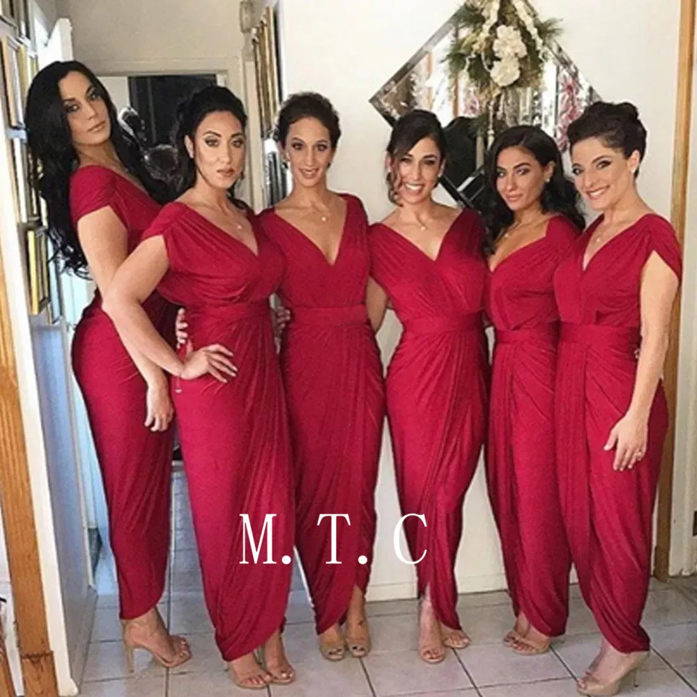 

2019 High Quality Burgundy Pleat Elastic Satin Bridesmaid Dresses V Neck Sheath Style Ankle Length Long Wedding Party Gown Cheap