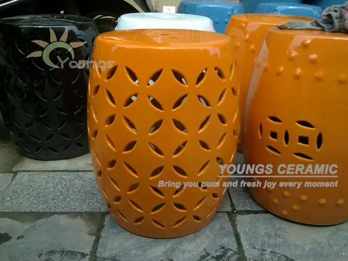 Bright Orange Color Glazed Ceramic Outdoor Garden Stools Garden