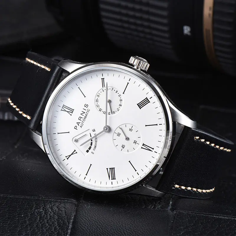 

New Arrival 42mm Parnis White Dial Power reserve Luxury Brand Roman Numeral SS Case Automatic Movement men's Watches