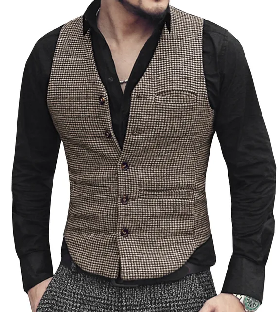 Jotebriyo Men Solid Color Business Regular Fit Wedding Single Breasted Plaid Print V-Neck Dress Vest Jotebriyo Men Solid Color Business Regular Fit Wedding Single Breasted Plaid Print V-Neck Dress Vest