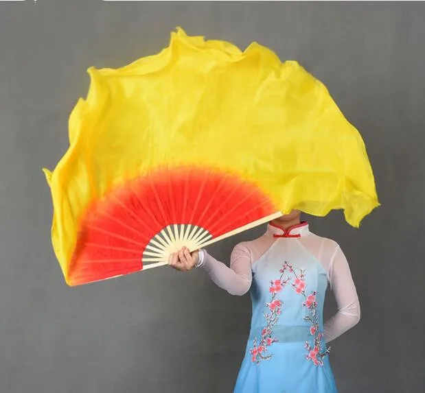 

Big Size Red Yellow Gradient Belly Dance Silk Fan Veils Pairs (1L+1R) Chinese Silk Veil Bamboo Folding Fan 16"-34"