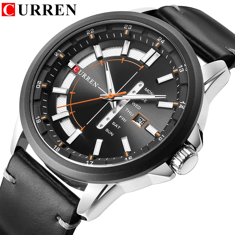 CURREN Casual Leather Strap Business Wristwatches Classic Black Quartz