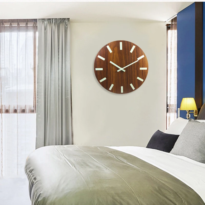 3D Modern Design Bedroom Living Room 12 Inch Luminous Wall Clock Wood Silent Home Decor Glow Dark Quartz Wall Hanging Clock