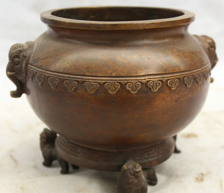 

Elegant old S5604 7" Marked Chinese palace Bronze elephant head circular Incense Burner Censer statue