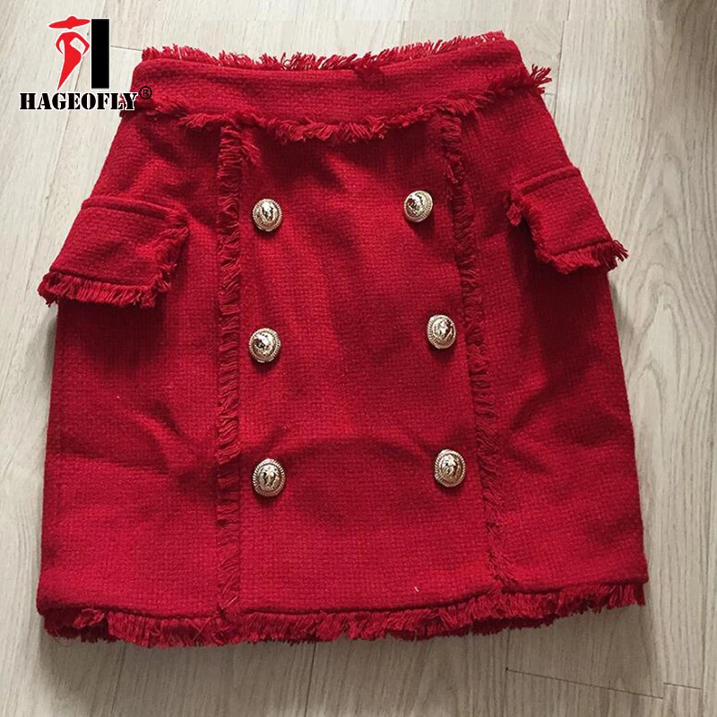 

HAGEOFLY New Designer Short Red Skirt 2018 Autumn Winter Tassel Wool Skirt Double Lion Button Mini Fashion Runway Women's Skirt