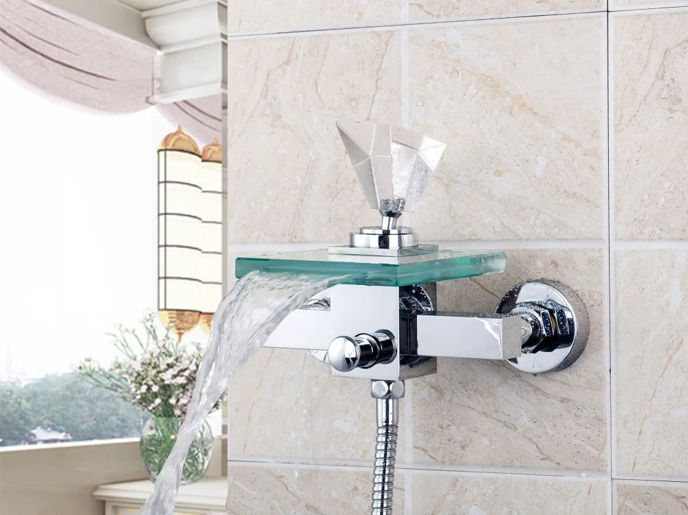 ФОТО Wall Mounted 8008S/3 Crystal Diamond Handle Waterfall Glass Spout Bathroom Bath Handheld Shower Tap Mixer Faucet