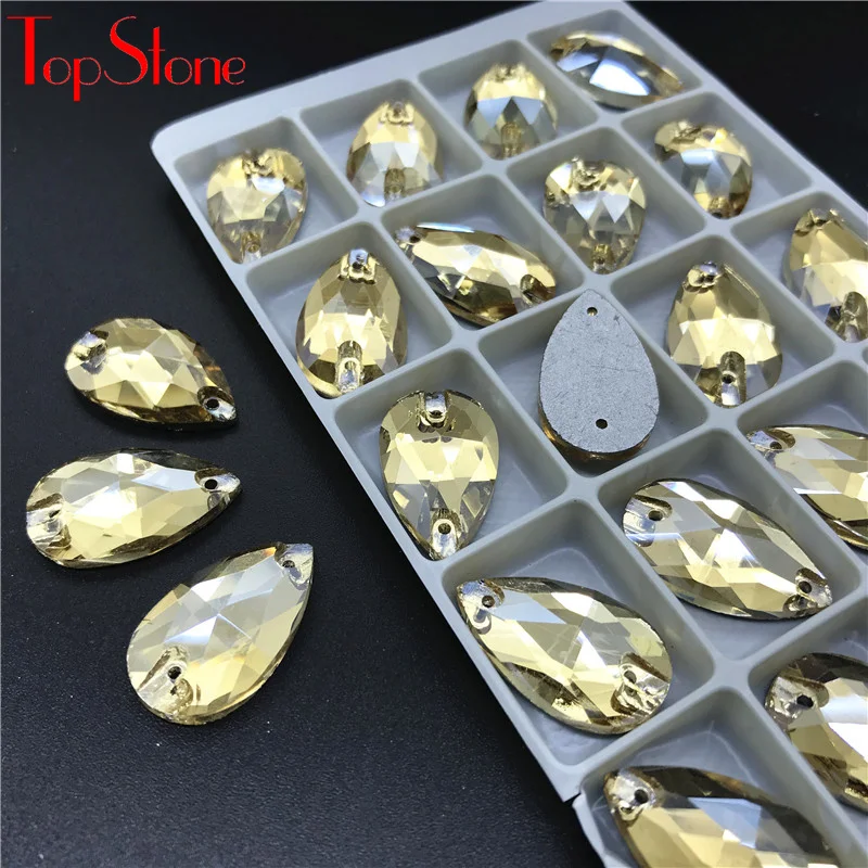 

TopStone golden shadow Teardrop Sew On Rhinestone Glass Crystal Gold Champagne Pear Droplet Sewing Stone for dress clothing