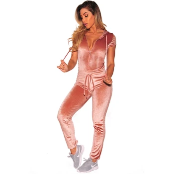 

Velvet Rompers Womens Jumpsuit Sexy Drawstring Lace Up Short Sleeve V Neck With Hat Zipper Bodycon Female Overalls Jumpsuits