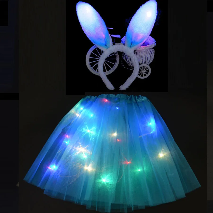 Светодиодный светящийся светильник; Детские платья-пачки принцессы для девочек; одежда для детей; повязка на голову для свадебной вечеринки; костюм кролика; костюм для костюмированной вечеринки - Цвет: Plush blue