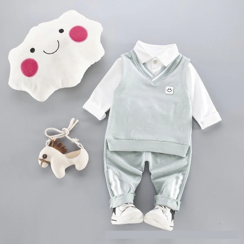Комплекты одежды для маленьких мальчиков, комплект из 3 предметов: футболка+ жилет+ штаны, Одежда для новорожденных мальчиков, комплект с курткой в консервативном стиле