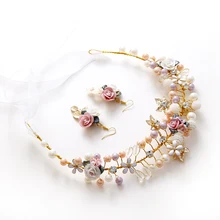 Dote me Oro Aretes Hechos A Mano Diadema Nupcial Pelo de la Perla de La Flor Tiara De La Boda Accesorios de La Joyería