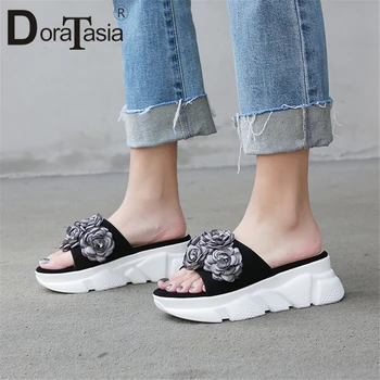 

DORATASIA Brand New Big Size 33-40 Ladies High Heels Platform Kid Suede Flower Shoes Woman Casual Outside Summer Slippers