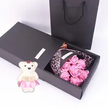 Искусственные цветы Букет Семь мыло розы цветы с игрушкой медведь подарок на день Святого Валентина