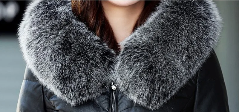 Зимний плюс длинный пуховик женский тонкий роскошный кожаный жакет с мехом женские теплые пальто с капюшоном Большие размеры XXXL 5XL