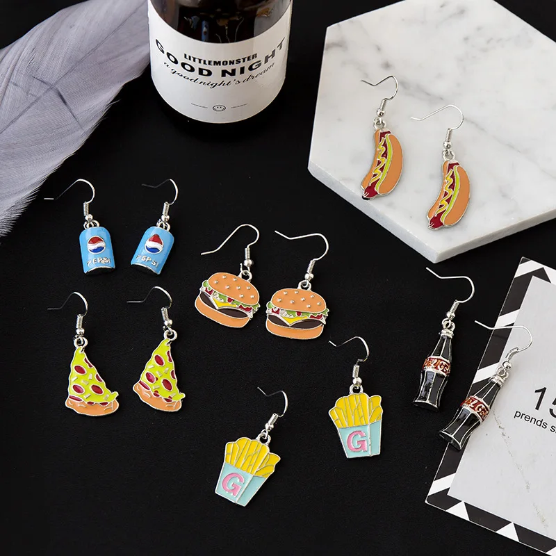 

Personality Oil Dripped Cute Lovely Mini Imitation Food Drop Earrings Hamburger Pizza Hot Dog Cola Dangle Earring