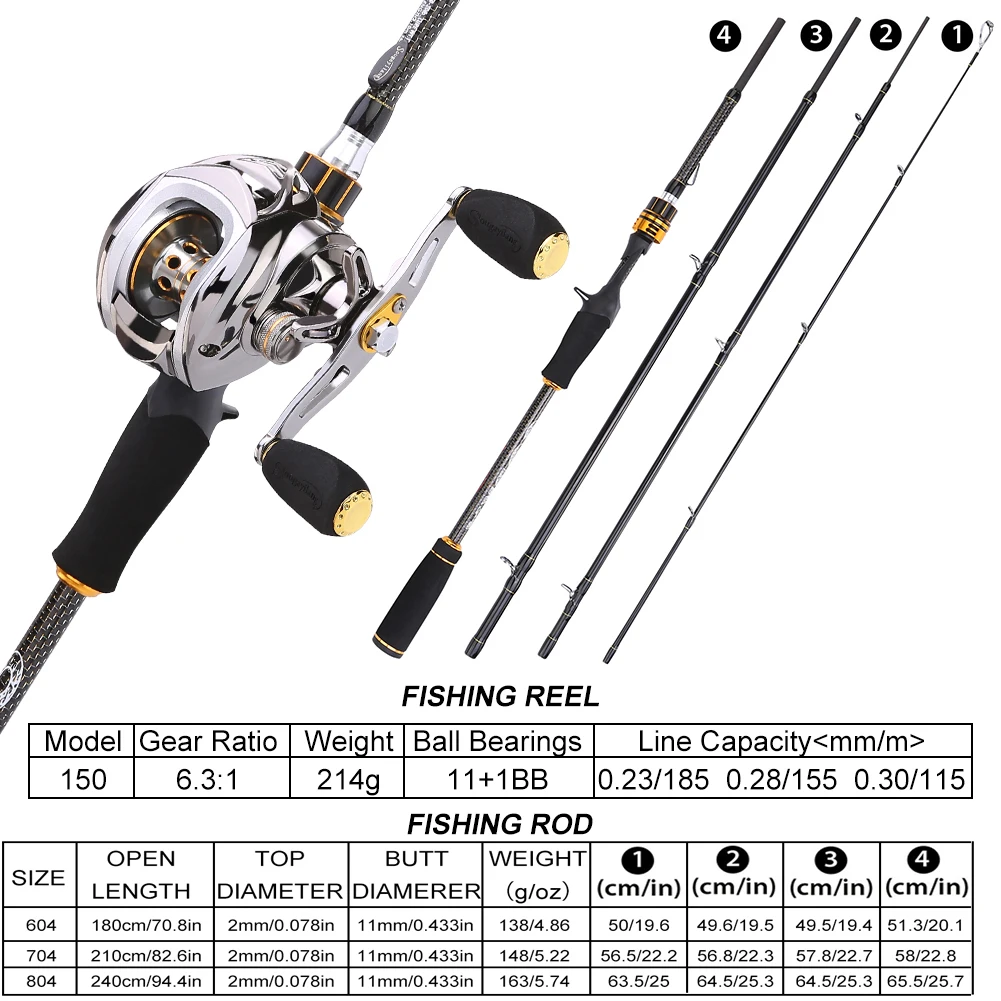 Sougayilang Baitcast Rod Reel Combo Portable 4 Section M Power Casting Fishing Pole with 11+1BB Baitcasting Fishing Reel Kit
