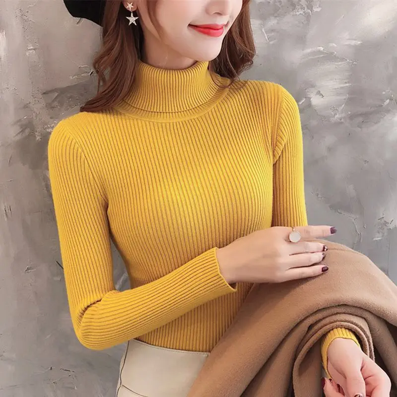 Turtleneck Warm Women Sweater Autumn Casual Korean Winter Knitted Femme Pull High Elastic Female Basic Pullovers Sweater - Цвет: Цвет: желтый