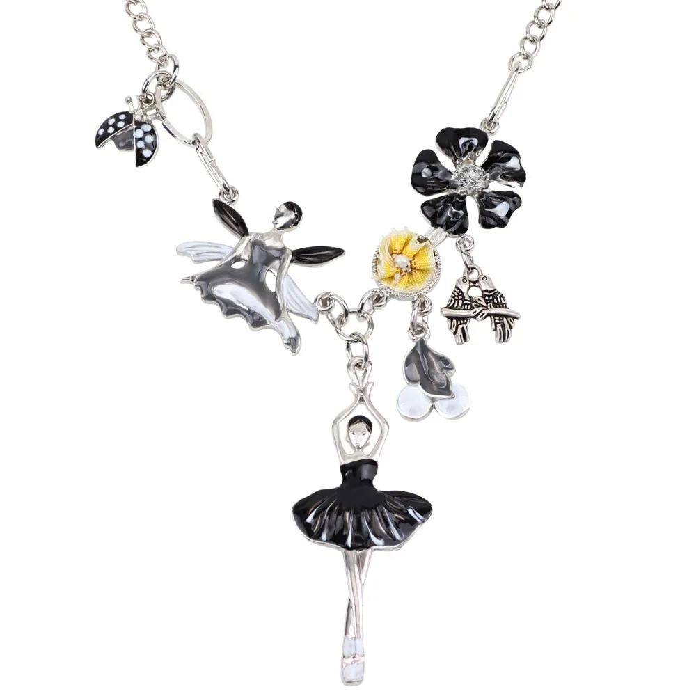 Bonsny стилистика Эмаль сплав балета танцор кольцо волшебный цветок чокер, ожерелье, подвеска Длинные Модные украшения для женщин девочек подарок для детей