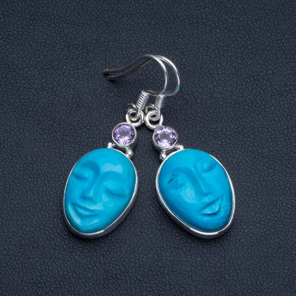 

Natural Carved Face Turquoise and Amethyst 925 Sterling Silver Earrings 1 1/2" R1663