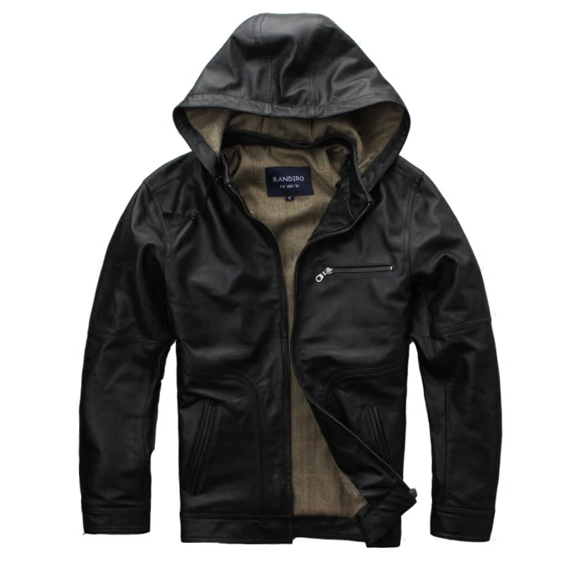 

2019 New Men Black Hood Casual Leather Jacket Plus Size XXXL Genuine Cowhide Russian Spring Slim Fit Leather Coat FREE SHIPPING