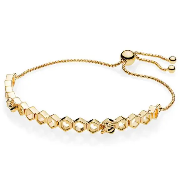

925 Sterling Silver Gold Color Shine Honeybee Honeycomb Shapes Adjust Pan Bracelet Bangle Fit Bead Charm Diy Jewelry