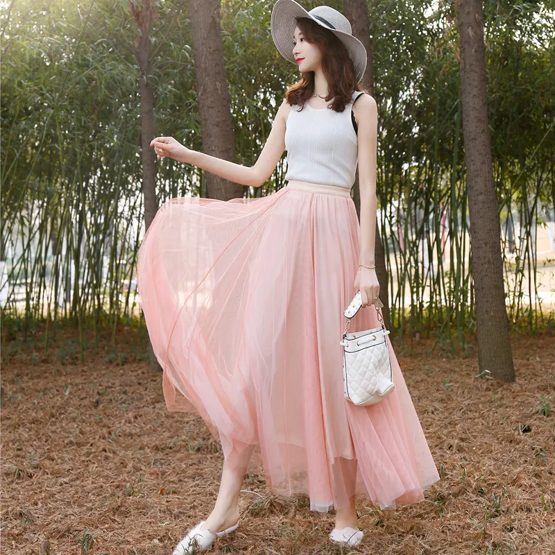 Skirts 2019 Spring Summer Women Skirts New Pure Color Mesh Double-layer Skirts Fashion  Commuter  Skirts aa389