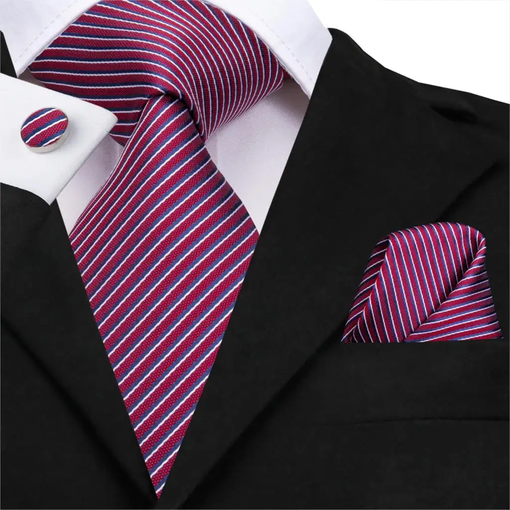 SN-3179 100% Silk Woven Men's Tie Red Striped Necktie Hanky Cufflinks Set Classic Party Wedding Pocket Square | Аксессуары для