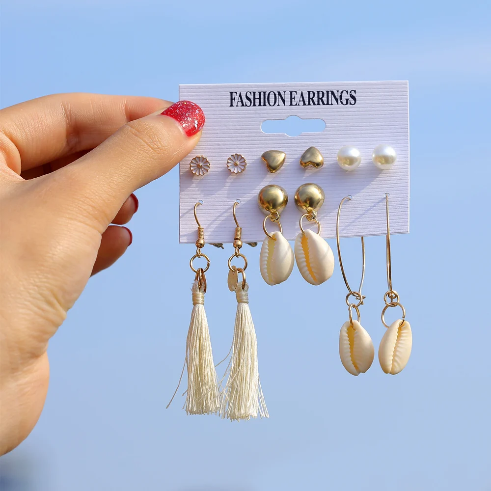

Bohemian Heart Flowers Earring Long Tassel Sequin Drop Earrings Set For Women Fashion Shell Earring Pearl Brincos Female Jewelry