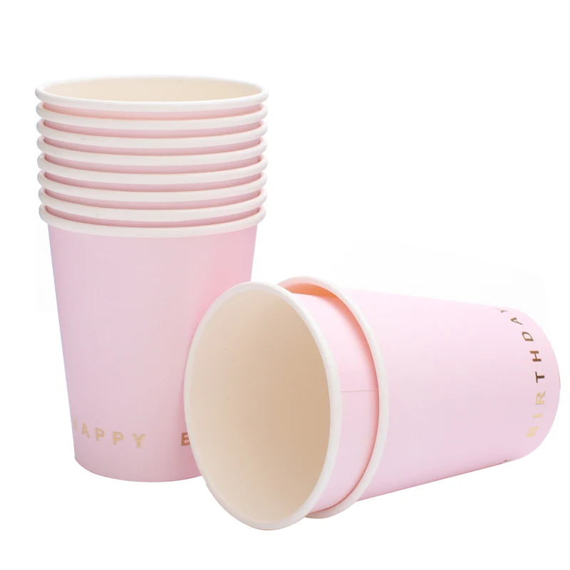 

10pcs 7inch Pink Cups Sweet Wedding Birthday Party Decoration Adult Cake Dishes Disposable Tableware Paper Plates Event Supplies