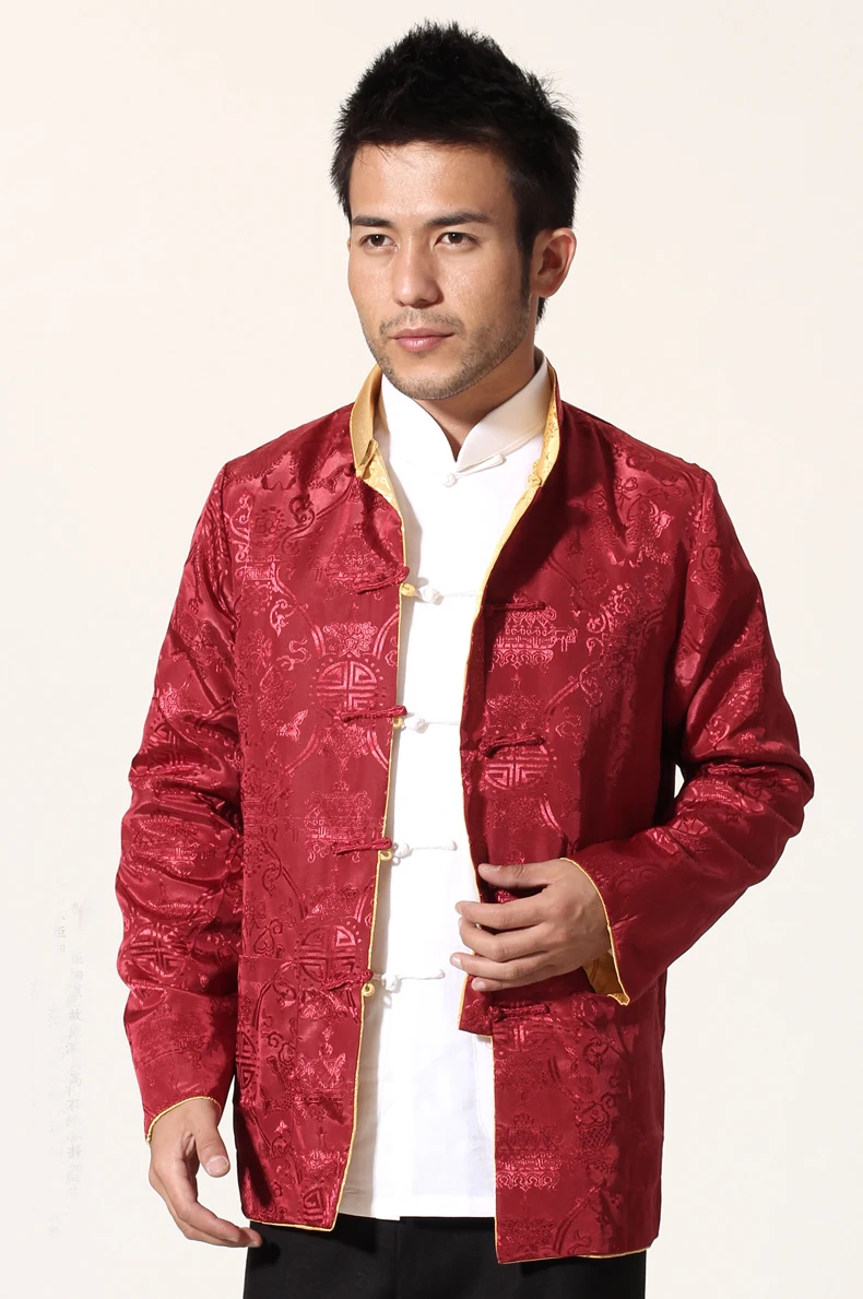 

Red Gold Two Sided Male Satin Coat Chinese Men Traditional Kung Fu Jacket Reversible Overcoat Size M L XL XXL XXXL MJ036
