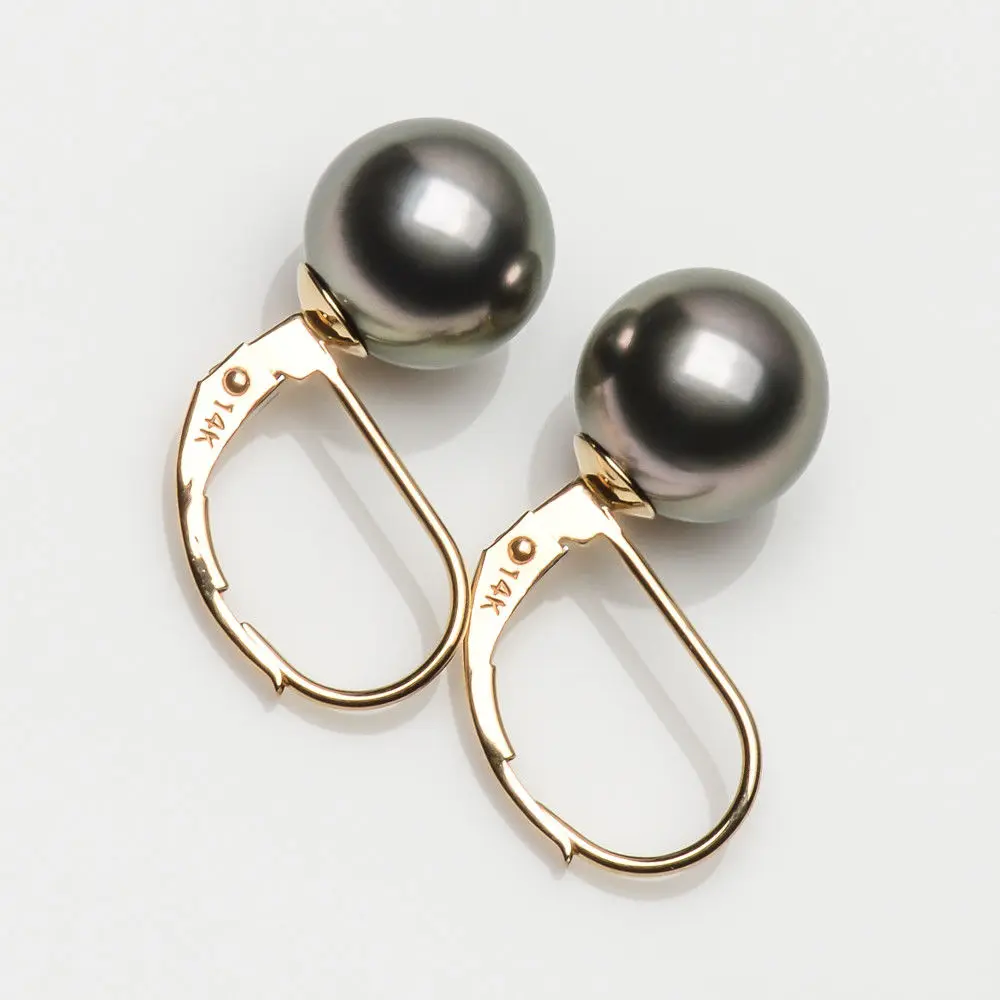 

8.9-9mm Green Purple Genuine Tahitian Pearl Leverback Earrings 14k Yellow Gold