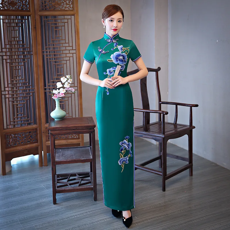 Зеленый китайский традиционный Женский район Ципао Винтаж Cheongsam Новинка китайский официальный Платье размера плюс M L XL XXL 3XL 4XL 5XL