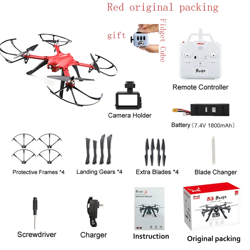MJX B3 Bugs 3 Радиоуправляемый Дрон Квадрокоптер RTF двухсторонний бесщеточный мотор мини-Дрон 2,4 ГГц 4CH с кронштейном для экшн-камеры для камеры Gopro - Цвет: Red
