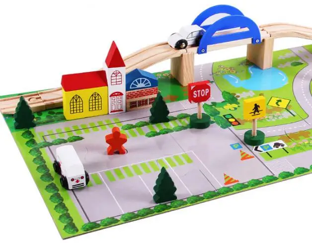 

40pcs Rushed Cars Overpass Wooden Children Traffic Rail Toy Disassembling Combination Track Intersection Baby Educational Toys