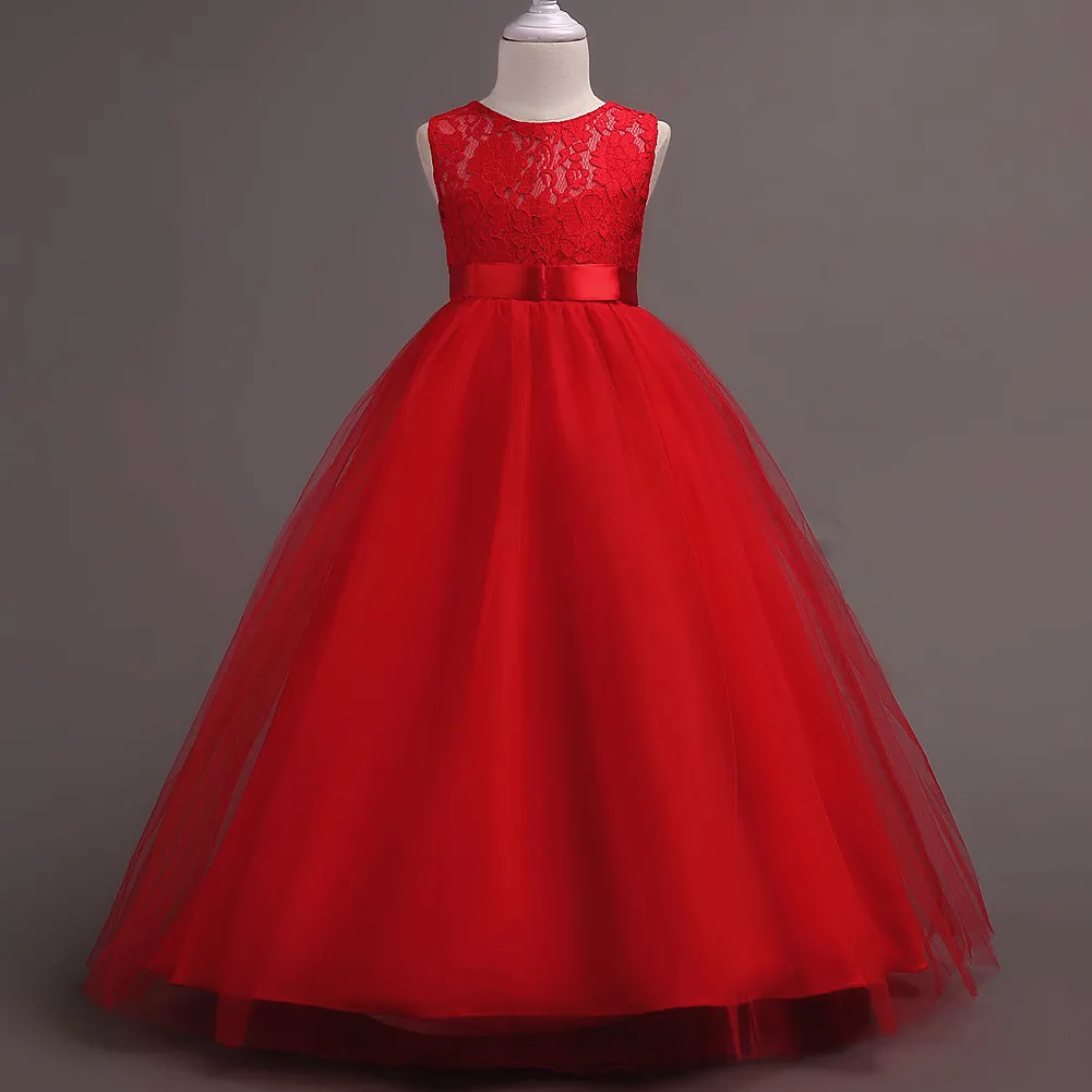 Детское вечернее рождественское платье для девочек длинный костюм принцессы, детское кружевное платье подружки невесты для девочек на свадьбу и вечеринку - Цвет: Красный