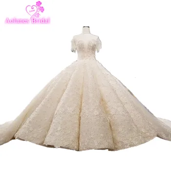 

AOLANES Luxurious Waves Arabic 2018 Ball Gown Lace Up Back Beading Crystals Wedding Dresses with Long Real Photos Bridal Dress