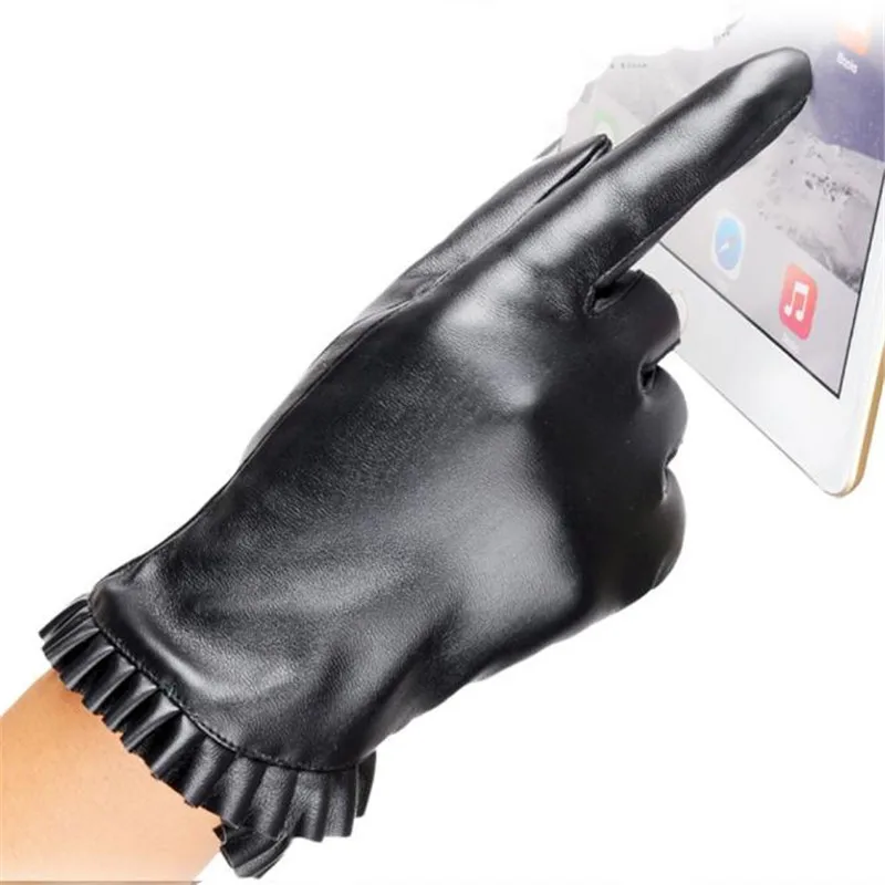  Women Girl Luxurious PU Leather Winter Super Warm Gloves Cashmere Bow Hand Gloves guantes eldiven handschoenen 40FE1511