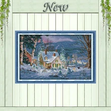 El paisaje de la noche de Navidad nevada, Impresión de 11 quilates en lienzo DMC 14CT kits de punto de cruz, juego de bordado de costura, decoración escénica para el hogar(China)