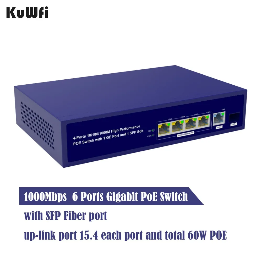 6 Порты коммутатор gigabit PoE 1000 Мбит/с Ethernet коммутаторы для сетевые камеры и беспроводной AP 30 Вт коммутатор с гигабитный SFP волокно