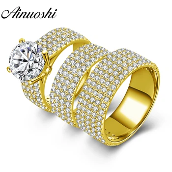 

AINUOSHI Real Gold TRIO Rings 14K Yellow Gold Couple Wedding Rings Set 5 Rows Drill Lovers Engagement Bridal Rings Gold Jewelry