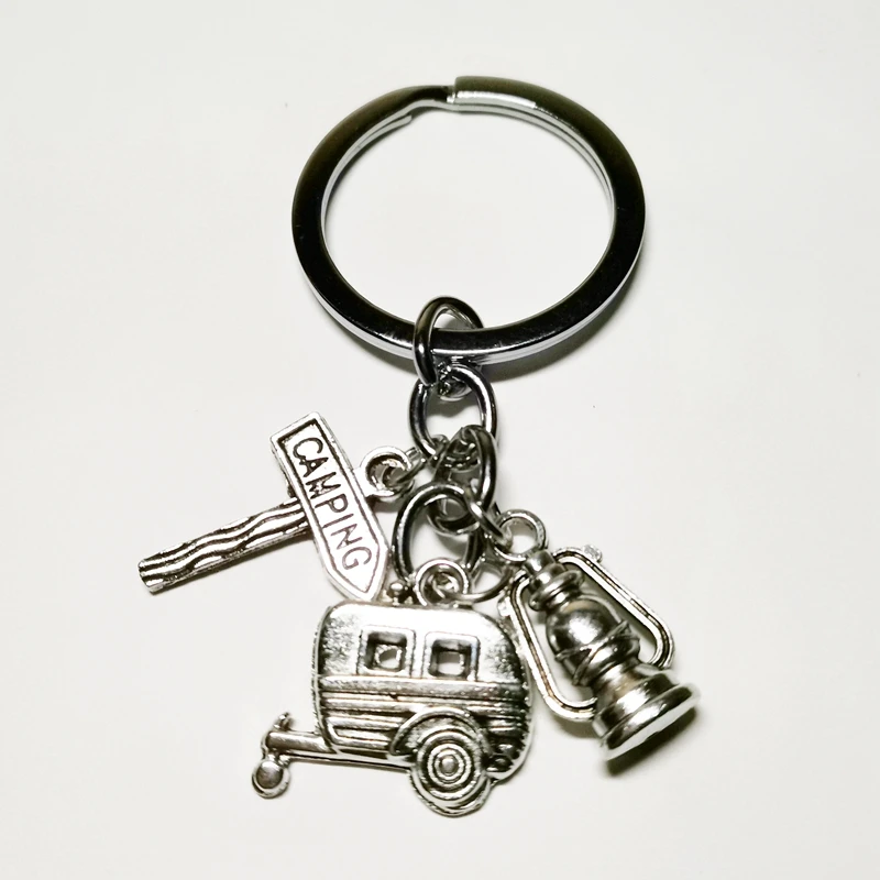 

2019 Fashion Jewelry Mini Happy Camping Lantern Keychain, Kilt Pin, Road Sign, Car Key Chain Silver DIY Handmade