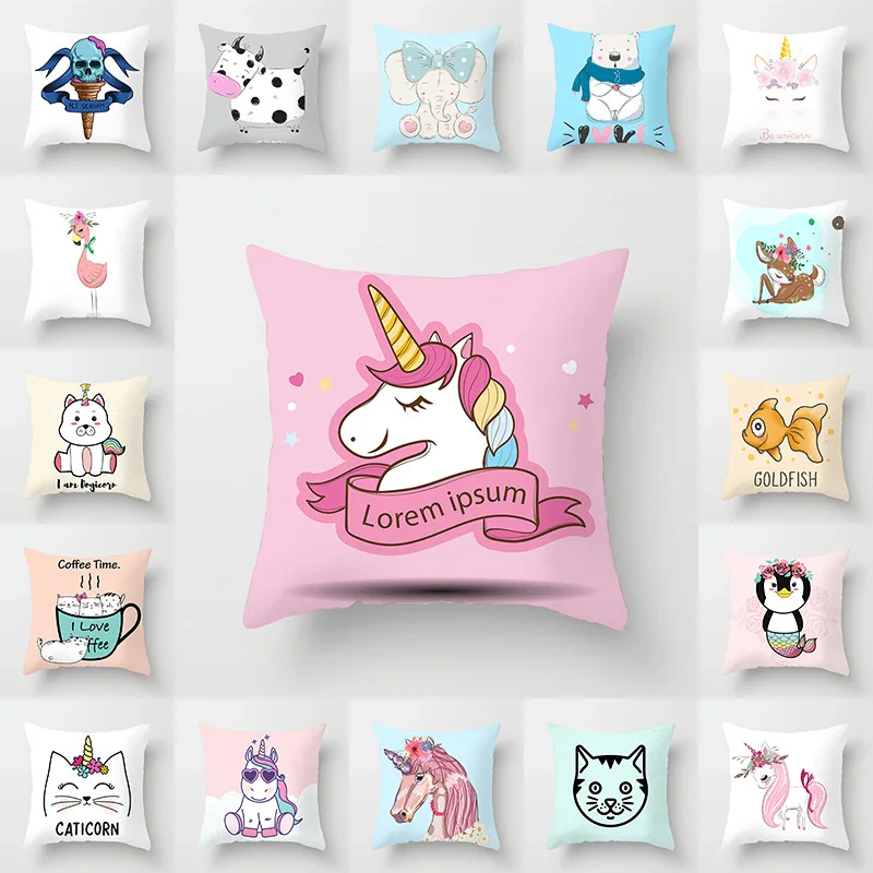 

Cute Unicorn Cushion Cover Cartoon Animal Cat Flamingo Polyester Throw Pillow Case Cover Elephant Unicorn Decoration Pillowcases