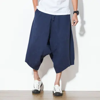 

Free shipping plus size M-5XL Chinese Haren men big pants linen baggy pants Mens Vintage Calf-Length Pants Wide leg pants hiphop