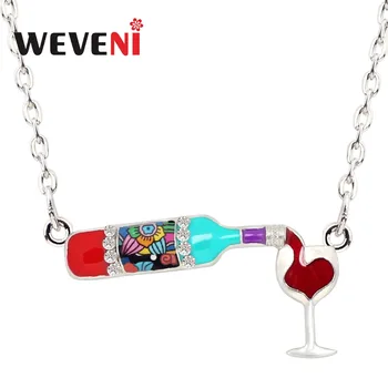 WEVENI Statement Enamel Floral Red Wine Bottle Glass Necklace Chain Alloy Rhinestone Pendant For Women Girls Party Jewelry Gift