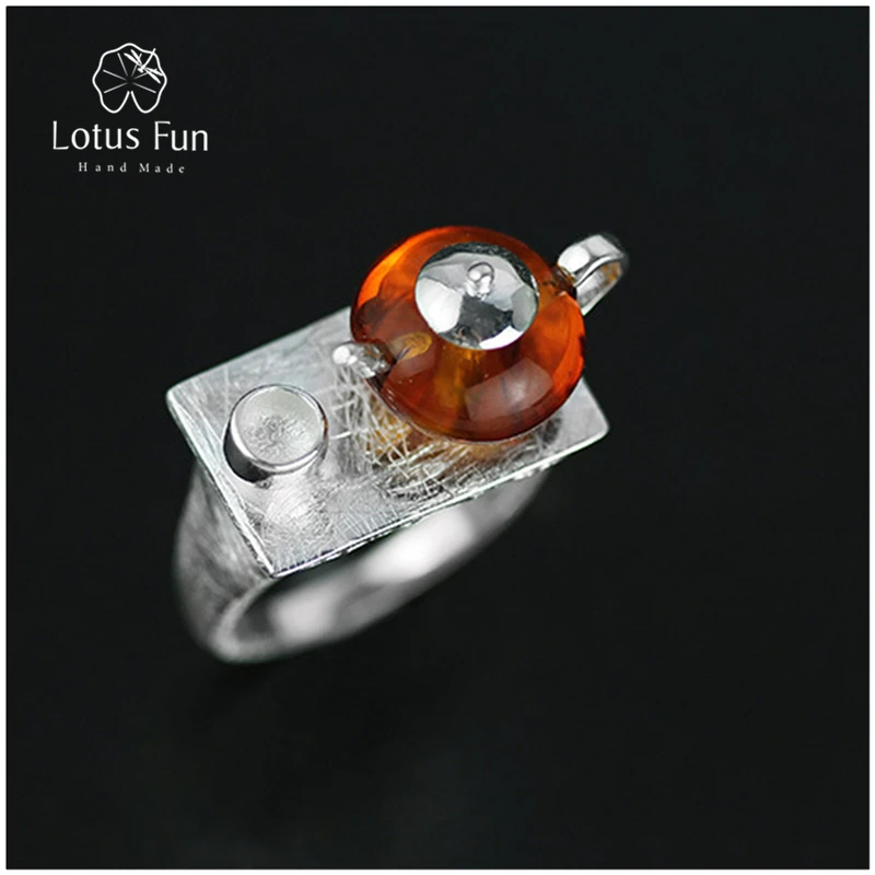 

Lotus Fun Real 925 Sterling Silver Natural Amber Original Handmade Fine Jewelry Vintage Ring CuteTeapot Rings for Women Bijoux