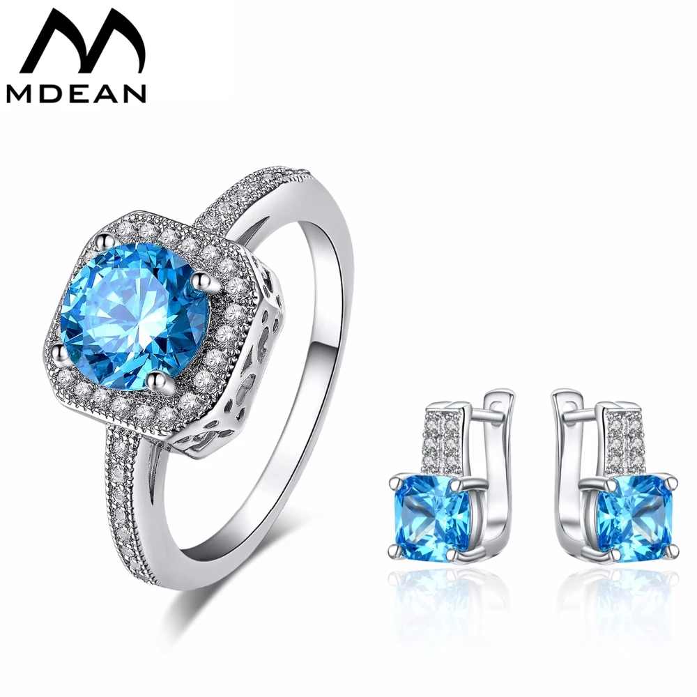 MDEAN White Gold Color  Saphire Jewelry Sets Blue AAA Zircon Jewelry Engagement Vintage Earrings Rings for Women Jewelry Set