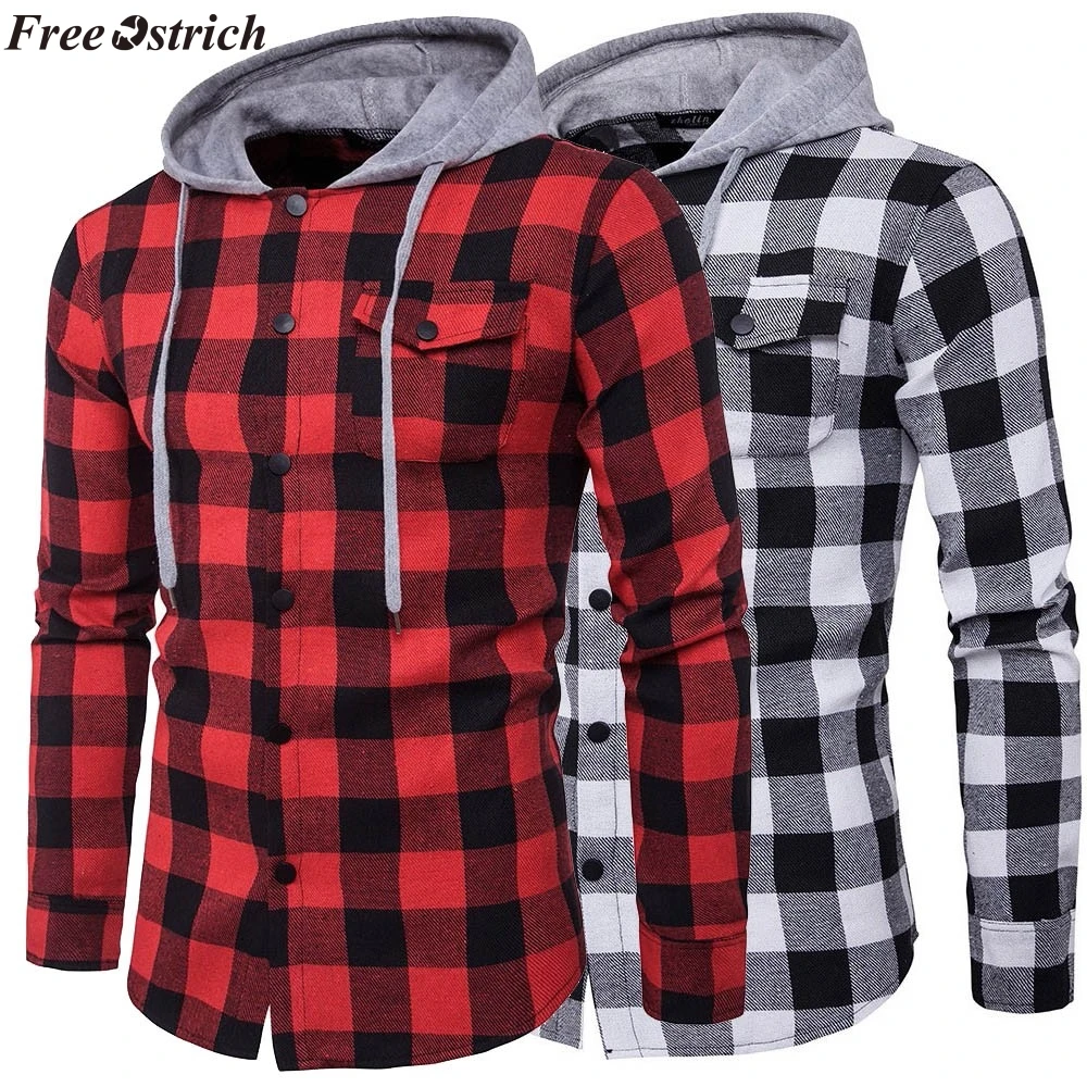 FREE OSTRICH hoodies Tracksuit Men's Autumn Casual Plaid Shirts Long Sleeve Pullover Shirt Top Hooded Blouse Sportswear