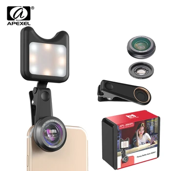 

APEXEL selfie phone camera lens kit 3 in 1 wide anglemacro lens with Led Fill light Lens for iPhone Samsung all smartphone 3663